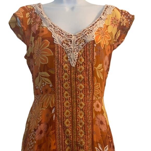 Lola P Orange Floral Print Midi Dress Crochet Neck Tie Waist Asymmetrical Hem - Picture 2 of 5